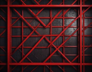 Fototapete - a close-up view red metal frame with intersecting beams, set against a dark background