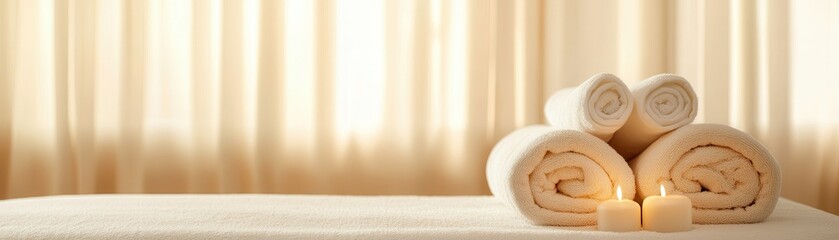 Poster - Spa towels and candles on a massage table.