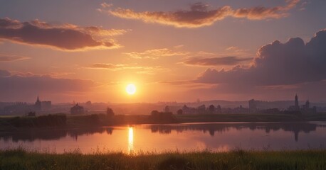 Poster - A serene sunset over a calm lake, with a city skyline in the distance and a silhouette church spire in the foreground