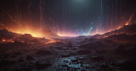 Poster - a dramatic, fiery landscape with a central body of water surrounded by a multitude of rocky terrain The sky above is a dark blue, dotted with streaks of orange and