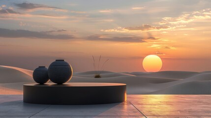 Two black vases on a round platform in a desert with a sunset in the background.