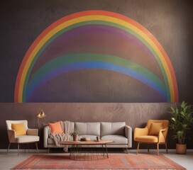 Leinwandbilder - A large, vibrant rainbow mural adorns the wall behind a cozy living room setup, featuring a gray sofa, two armchairs, a coffee table, and a potted plant