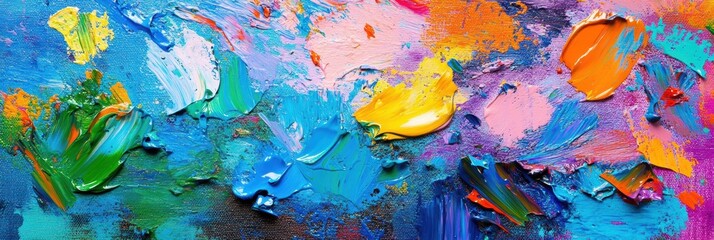 Leinwandbilder - Bright splashes of color on a palette and an array of paintbrushes create a lively atmosphere in an abstract art project. Generative AI
