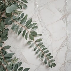 Fototapete - A close-up view branch with green leaves against a marble background