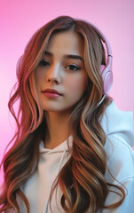 Fashion portrait for young woman on pink background wearing stylish headphones while listening to music.