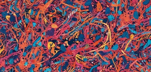 Poster - an abstract representation chaotic, multicolored pattern, with various shapes and lines creating a sense of movement and energy