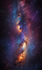 Poster - a vibrant and dynamic cosmic scene, featuring a swirling galaxy with a mix of blue, orange, and purple hues, as well as numerous stars scattered throughout the dark background