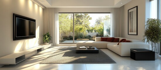 Wall Mural - Modern living room with white sectional sofa, large window overlooking a lush green backyard, and a flat screen TV on the wall.