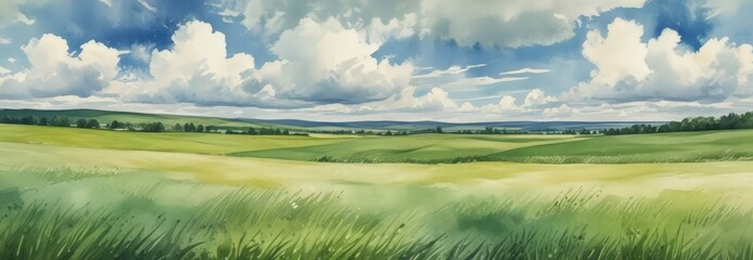 Poster - A serene landscape painting depicting a vast, grassy field with rolling hills in the distance, under a cloudy blue sky