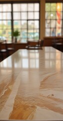 Poster - A close-up view marble table with a marbled pattern, set against a blurred background room with large windows and a colorful painting