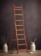 Leinwandbilder - A wooden ladder leans against a dark background, accompanied by two white vases and a small plant, creating a minimalist and serene still life composition