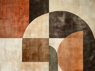 abstract geometric composition with overlapping shapes in muted earth tones creating depth and texture reminiscent of midcentury modern design