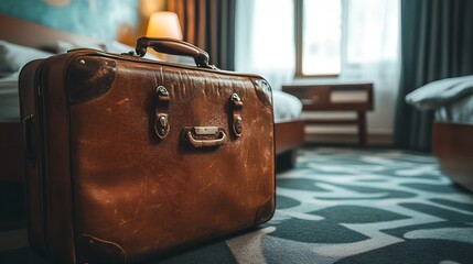 Wall Mural - A brown leather suitcase sits on a patterned carpet in a hotel room.