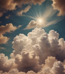 Aufkleber - A dramatic sky with fluffy white clouds and a bright sun peeking through, creating a serene and picturesque scene