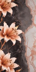 Leinwandbilder - three lilies with pale pink petals and brown stamens, set against a dark background with a marble-like texture and a subtle pink and white marble-like pattern