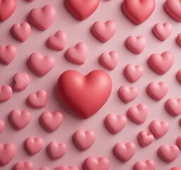 Aufkleber - A collection of pink heart-shaped objects arranged in a grid pattern, with a larger red heart in the center