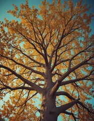 Poster - A majestic tree with a thick trunk and numerous branches stands tall against a clear blue sky, its leaves ablaze with the warm hues of autumn