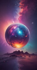 Poster - a surreal, cosmic landscape with a large, glowing sphere hovering above a mountainous terrain, set against a backdrop starry sky and vibrant colors