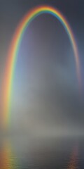 Aufkleber - A vibrant rainbow arches across a misty, gray sky, its colors reflected in the calm water below