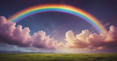 Leinwandbilder - A vibrant rainbow arches across the sky, its colors vivid and contrasting against the backdrop serene landscape The sky is a deep shade of blue, dotted with fluffy