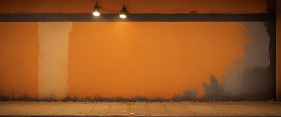 Poster - Two spotlights illuminate a wall with a vibrant orange and gray paint, casting a warm glow on the surface