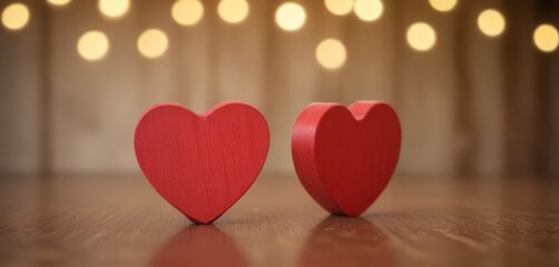 Aufkleber - Two red wooden hearts are placed on a wooden surface, with a blurred background of lights creating a warm, romantic atmosphere