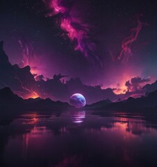 Poster - a serene night sky with a large, glowing planet in the center, surrounded by a vibrant display of pink and purple hues The planet is reflected in a calm body of water, creating