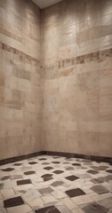 Poster - a corner bathroom with a tiled floor featuring a mosaic pattern of brown and white tiles The walls are covered in beige tiles, and the floor has a darker brown tile pattern