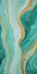 Poster - a striking abstract painting with a swirling pattern of turquoise and gold colors The painting is predominantly white, with gold lines and splashes of turquoise adding depth
