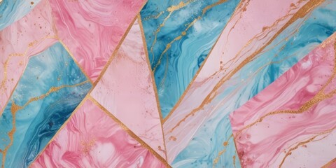 Poster - a vibrant abstract pattern composed of overlapping triangular shapes in pink, blue, and gold, creating a dynamic and visually striking composition