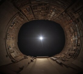 Poster - A star shines brightly in the center large, circular structure, surrounded by a wall of windows and framed pictures, creating a sense of depth and perspective