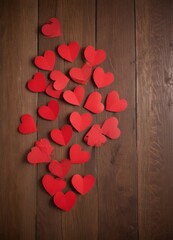 Aufkleber - A collection of red paper hearts scattered on a wooden surface