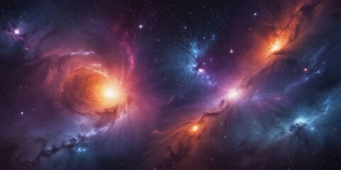 Poster - a vibrant cosmic scene, featuring a swirling cloud of gas and dust with a bright, fiery center, surrounded by a multitude of stars and other celestial objects