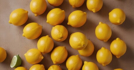 Aufkleber - A collection of fresh lemons arranged on a light brown surface, with one lemon slightly off-center to the left