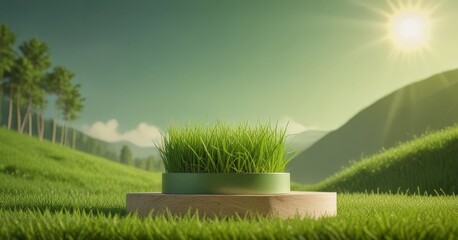 Poster - A potted grass plant sits on a wooden platform in a verdant landscape, with a sunlit mountain range and trees in the background