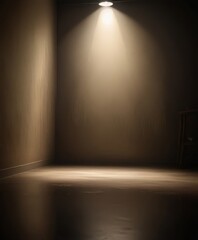 Poster - A dimly lit room with a single spotlight illuminating a wooden ladder against a beige wall