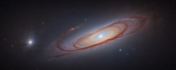 Poster - a spiral galaxy with a bright central core surrounded by a swirling pattern of red and orange hues, set against a dark background filled with stars