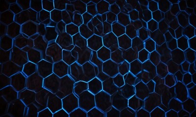 Poster - a close-up view dark blue hexagonal pattern, with the edges of the hexagons glowing in a blue light