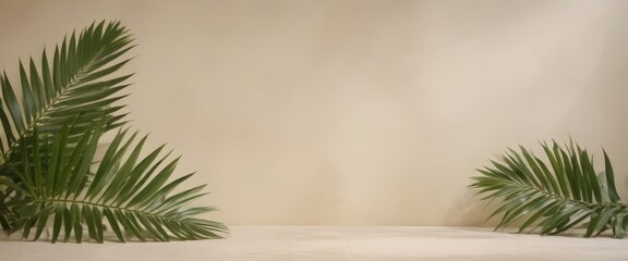 Poster - Two large palm leaves are positioned diagonally across a beige wall, creating a sense of balance and symmetry in the composition