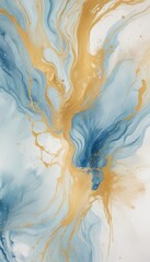Poster - an abstract painting with swirling patterns of blue and gold colors, creating a sense of movement and dynamism