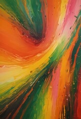 Poster - an abstract painting featuring a vibrant, swirling pattern of colors, predominantly in shades of green, orange, and yellow, with splashes of red and pink