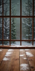 Poster - A wooden deck with snow-covered ground and a panoramic view snowy forest through a window