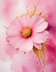 Poster - A vibrant pink flower with a yellow center is the focal point, surrounded by splashes of gold against a pink and white background