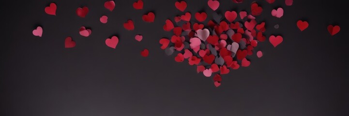 Poster - A heart-shaped arrangement of red and pink paper hearts scattered across a dark background