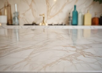 Poster - A close-up view marble countertop with a blurred background of various bottles and decorative items