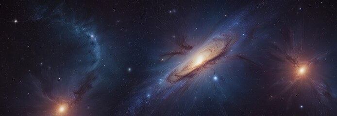 Poster - a cosmic scene featuring a spiral galaxy with a bright center, surrounded by a dark background filled with stars and other celestial objects
