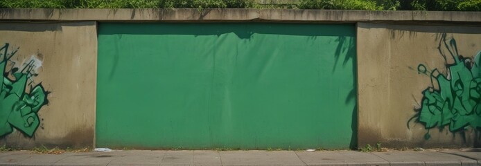 Aufkleber - A green tarp-covered concrete wall with graffiti on the left and a green plant on the right, set against a clear blue sky