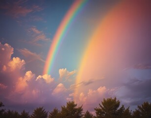 Leinwandbilder - A double rainbow arches across the sky, its vibrant colors contrasting with the pink and purple hues of the clouds and the deep blue of the sky