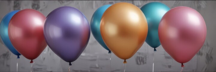 Aufkleber - A row of colorful balloons, including red, purple, gold, and blue, floating against a gray background