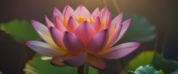 Poster - A vibrant pink lotus flower in full bloom, with yellow stamens and a green stem, is the focal point of the The background is blurred, suggesting a natural setting